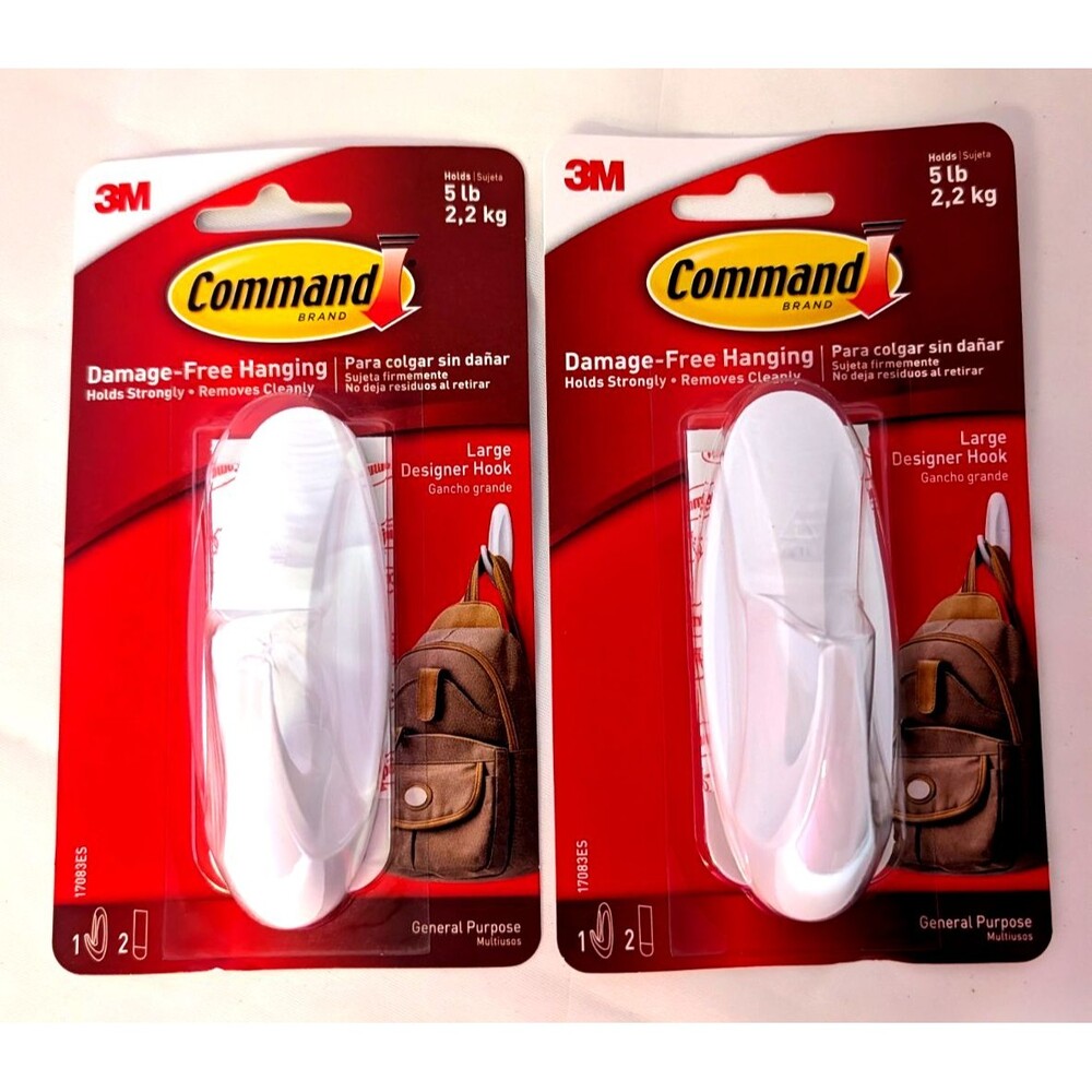 3M Command Large Designer Hooks White 5 lb Damage-Free Hanging 2 Pack New Sealed